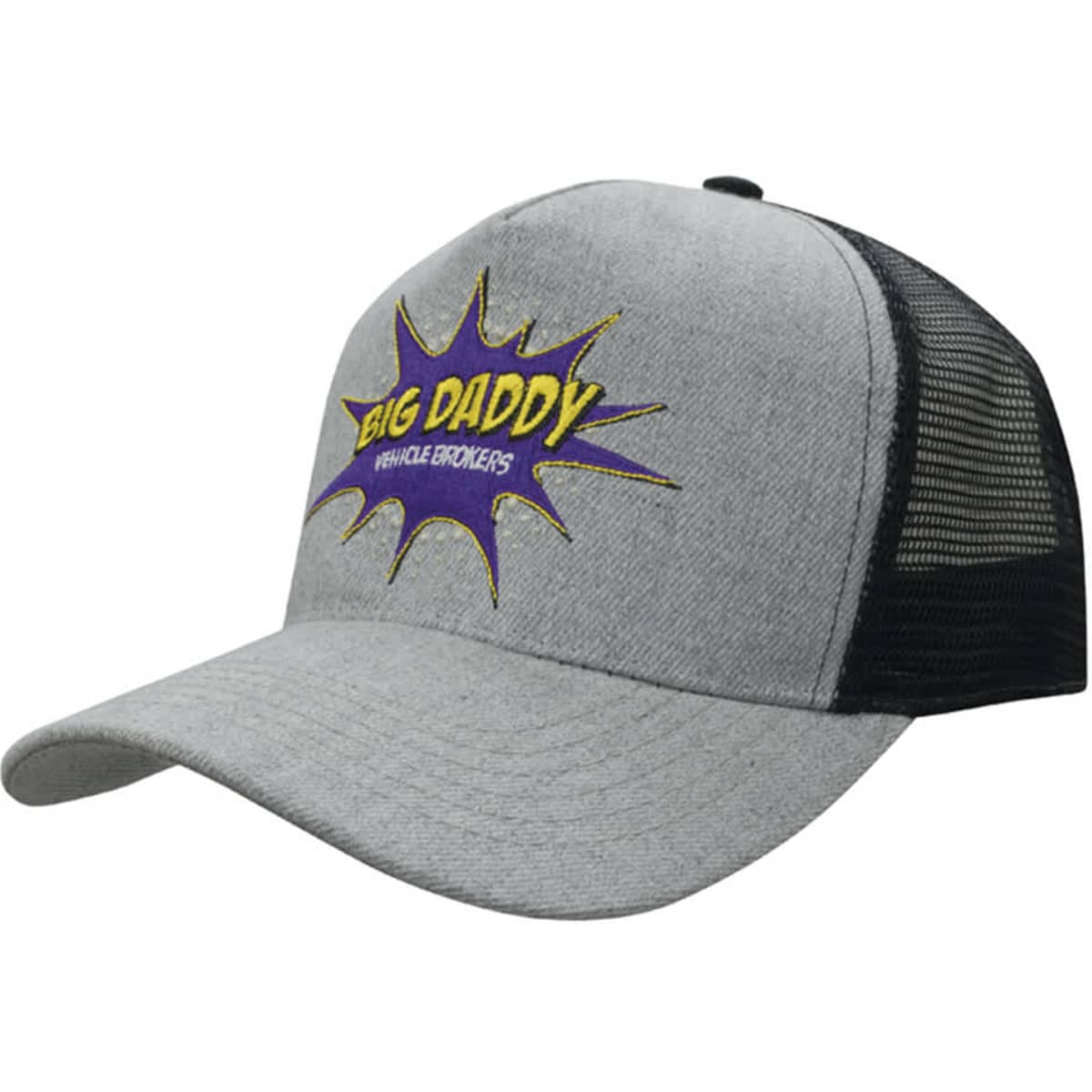 A grey marle cap with a mesh back, featuring a vibrant logo on the front.