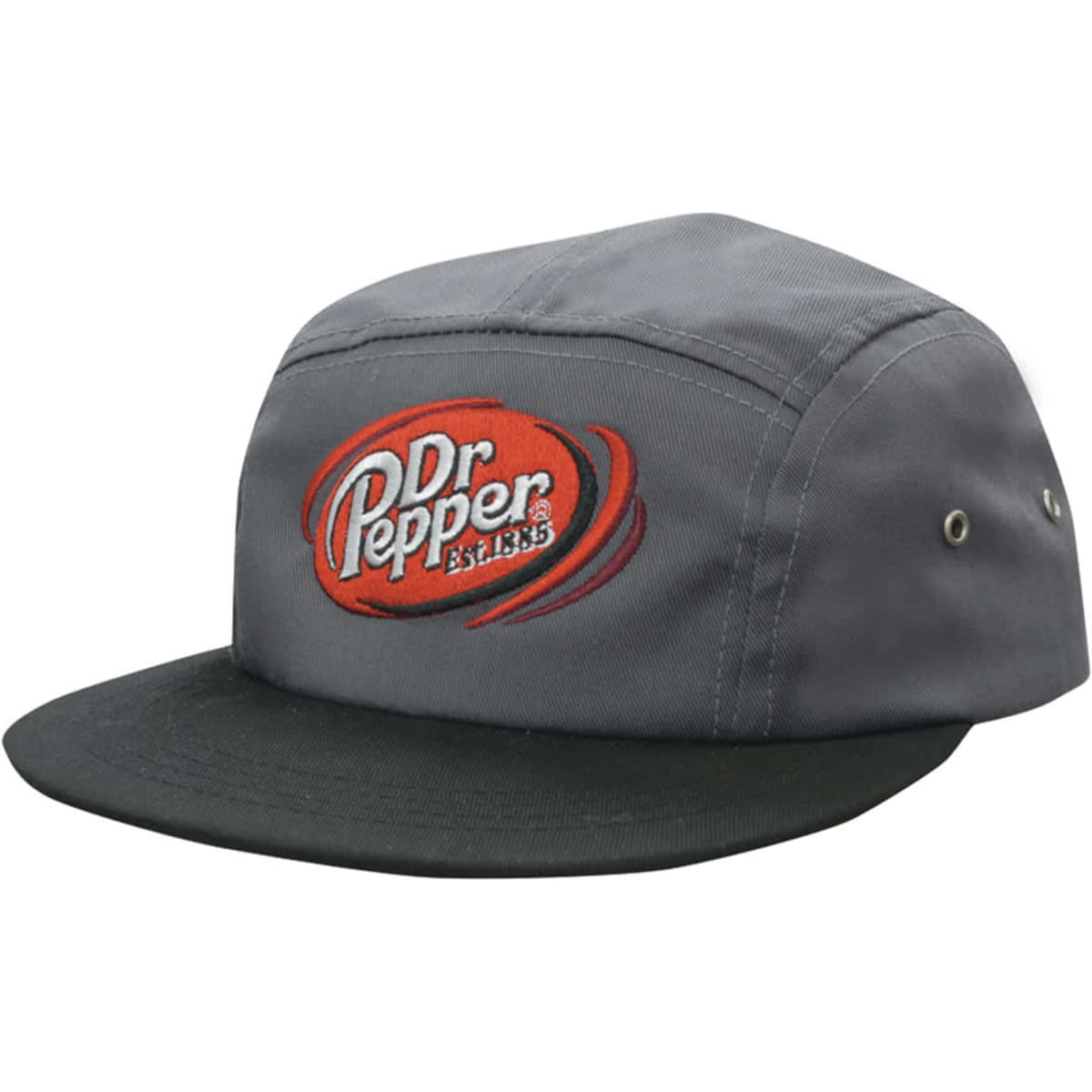 A grey and black cap featuring a red embroidered logo with a graphic design. The cap has a square front style.