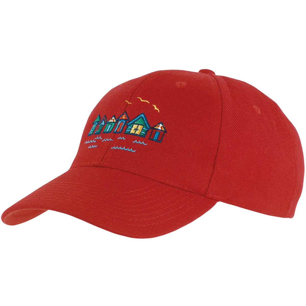 A red college cap featuring a design of colourful houses and waves with a logo on the side.