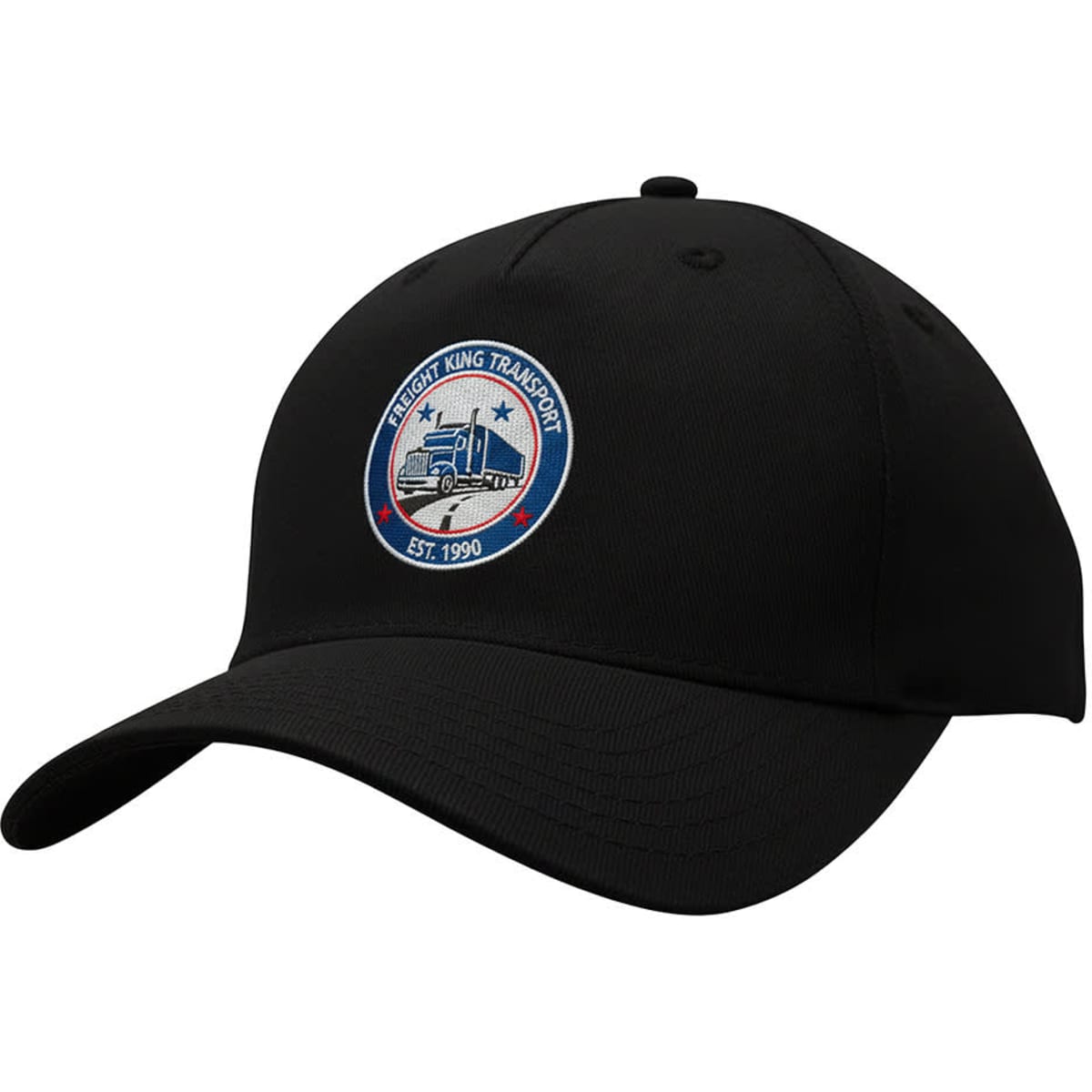 A black cotton twill cap featuring a logo and a curved brim. The cap has a buckle strap at the back.