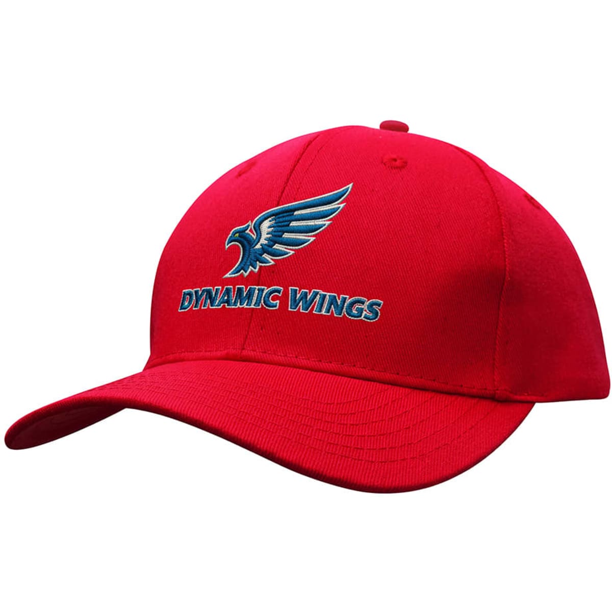A red cotton twill cap with a curved brim and a buckle, featuring a logo on the front.