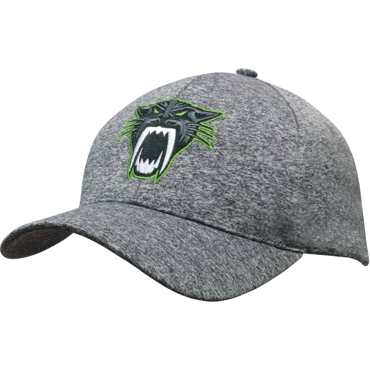 A grey sports cap featuring an embroidered panther design in green and black. The cap has a curved brim.
