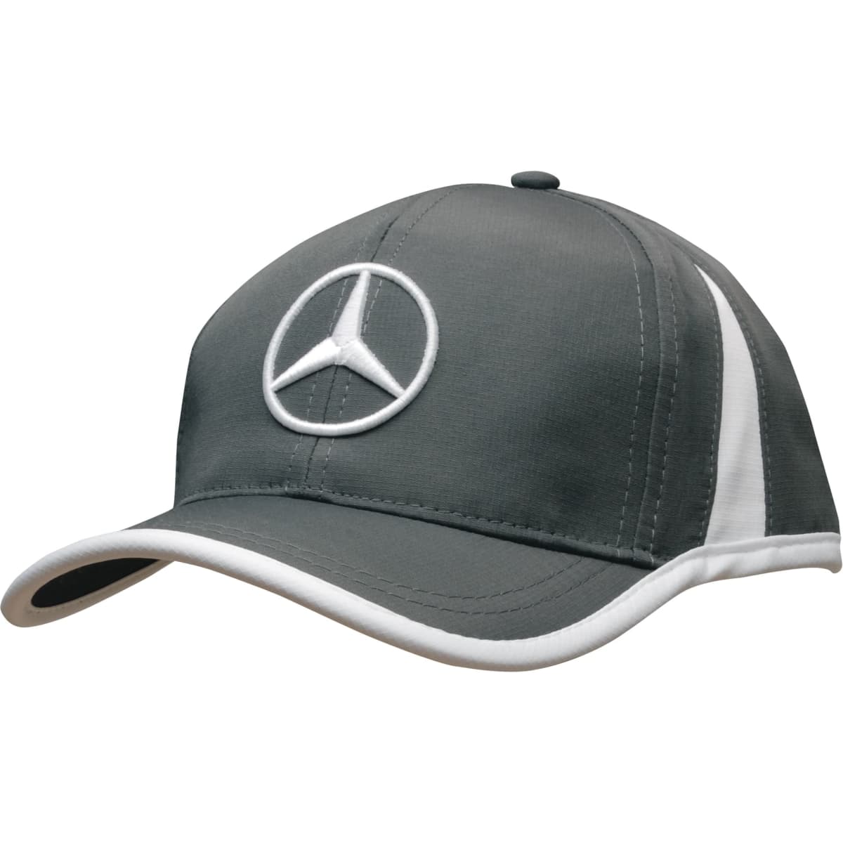 A grey cap with a white trim and a logo on the front.