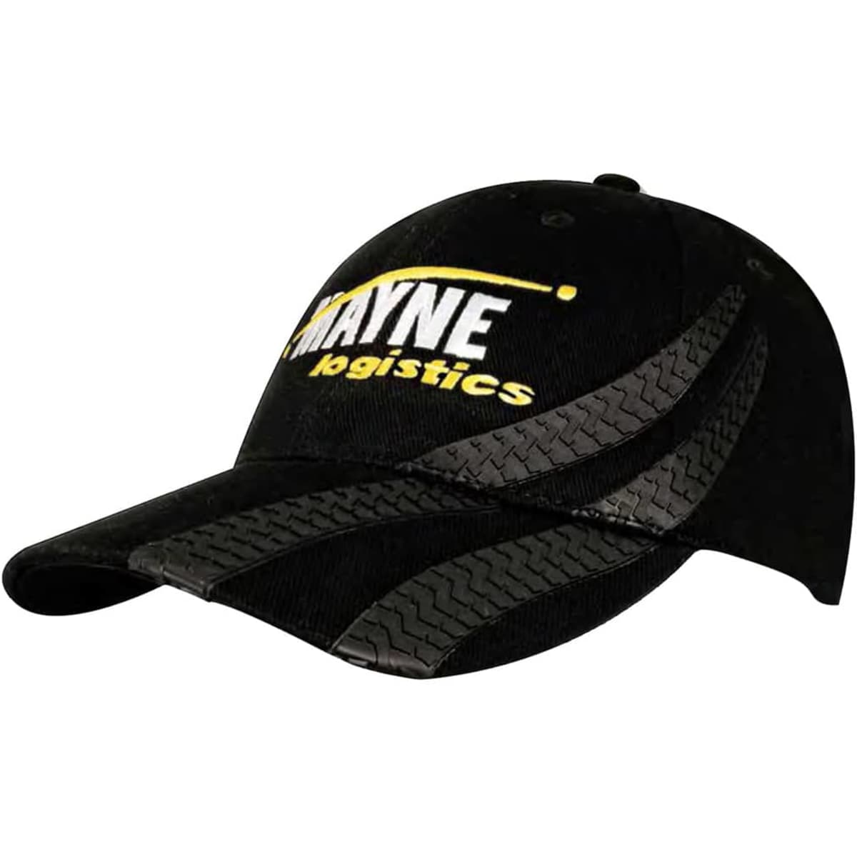 A black cap featuring tyre track designs on the brim and a logo on the front.