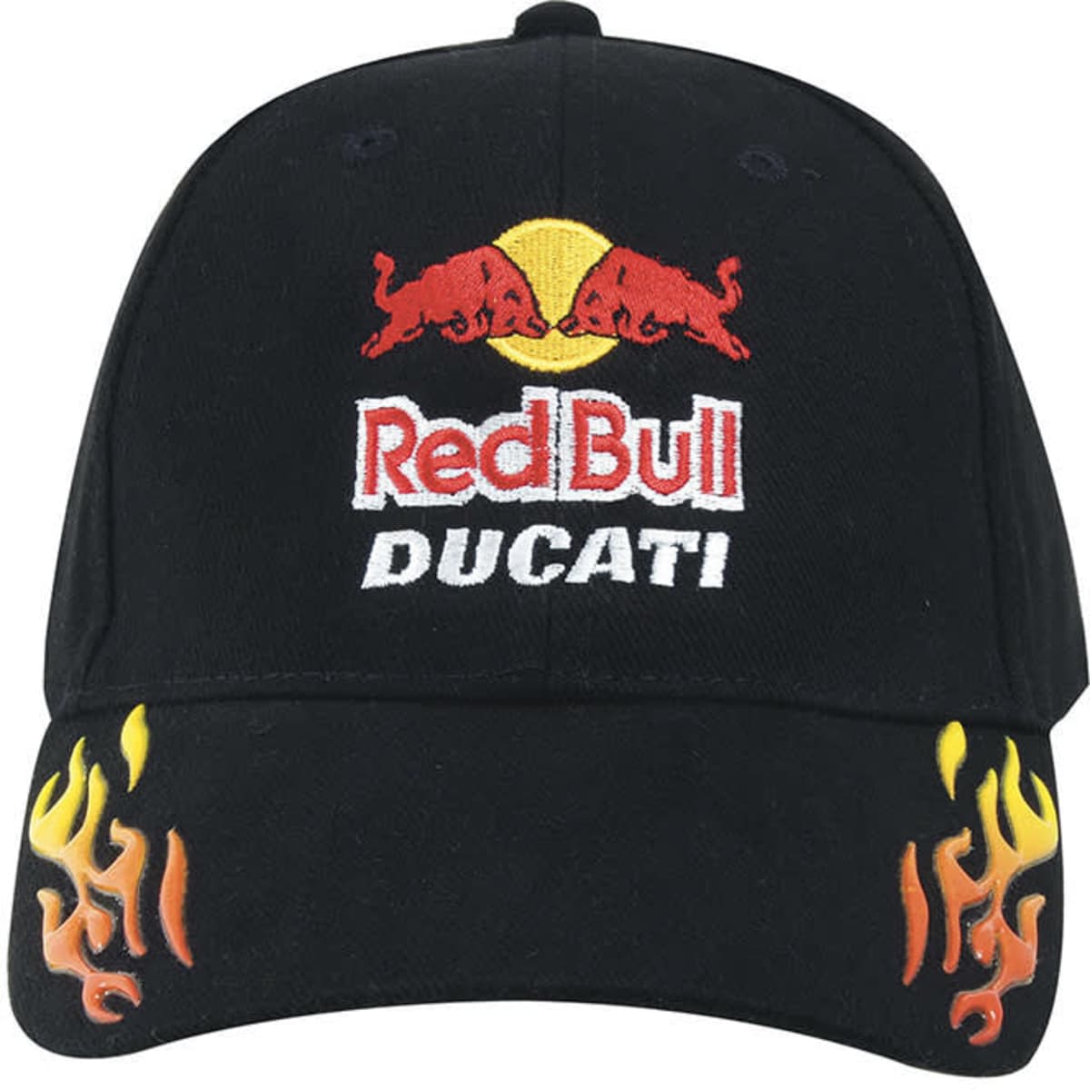 A black cap featuring a logo and flames in yellow and orange designs on the brim. It has a brand logo.
