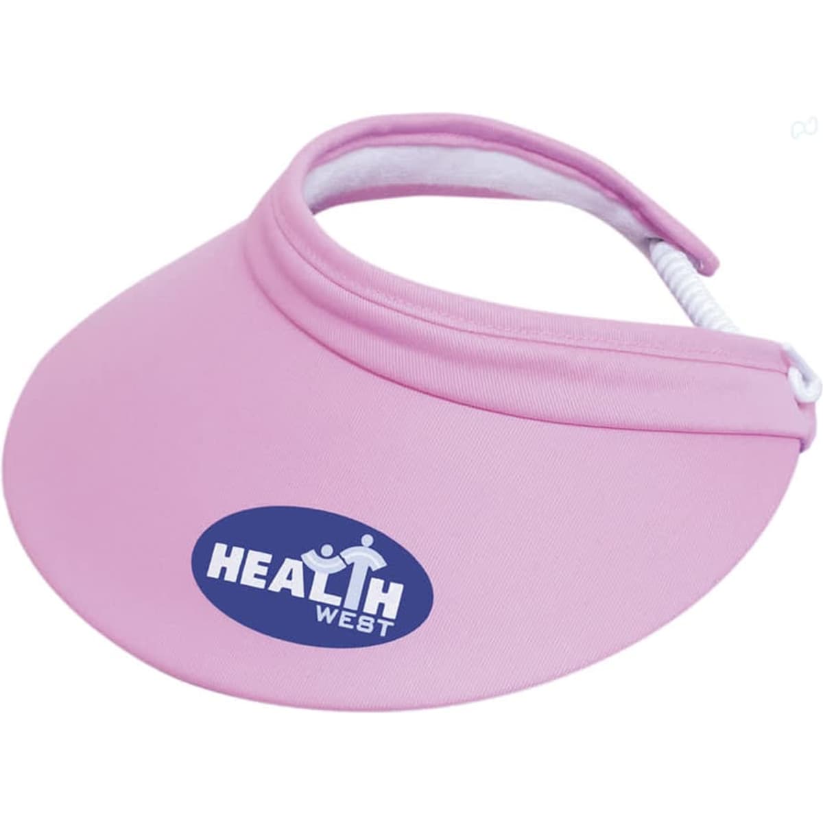 A pink sports visor with a wide brim and an adjustable strap, featuring a logo on the front.