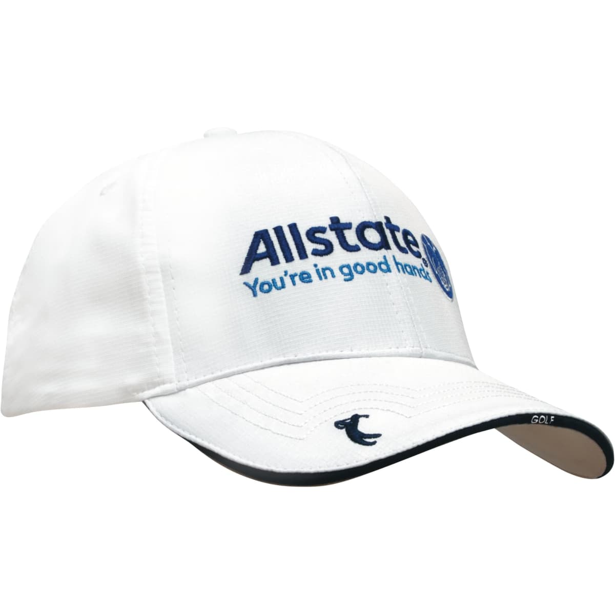 A white cap with a logo and text on the front, featuring a black rim on the brim.