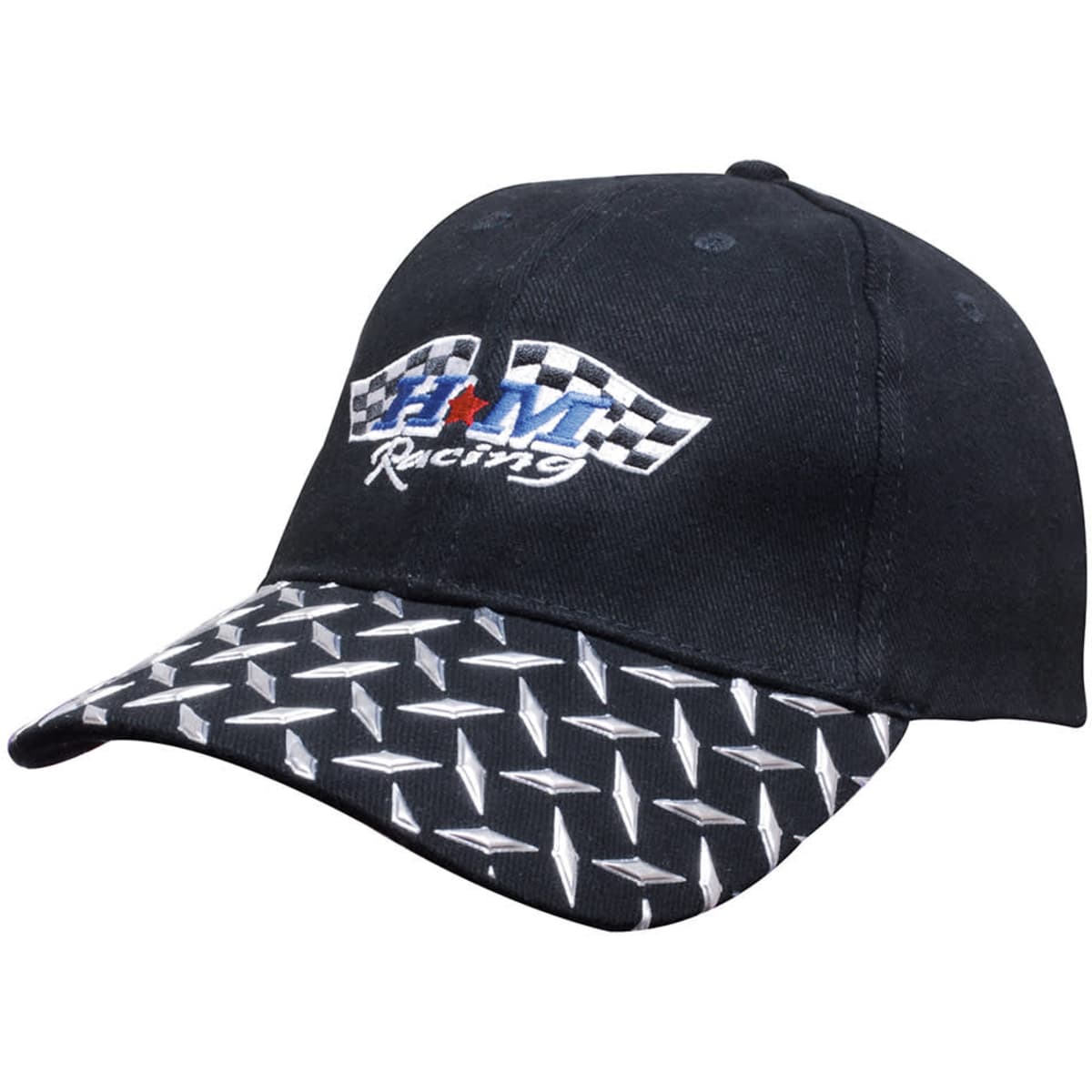 A black cap with a checkered pattern peak and a logo on the front.