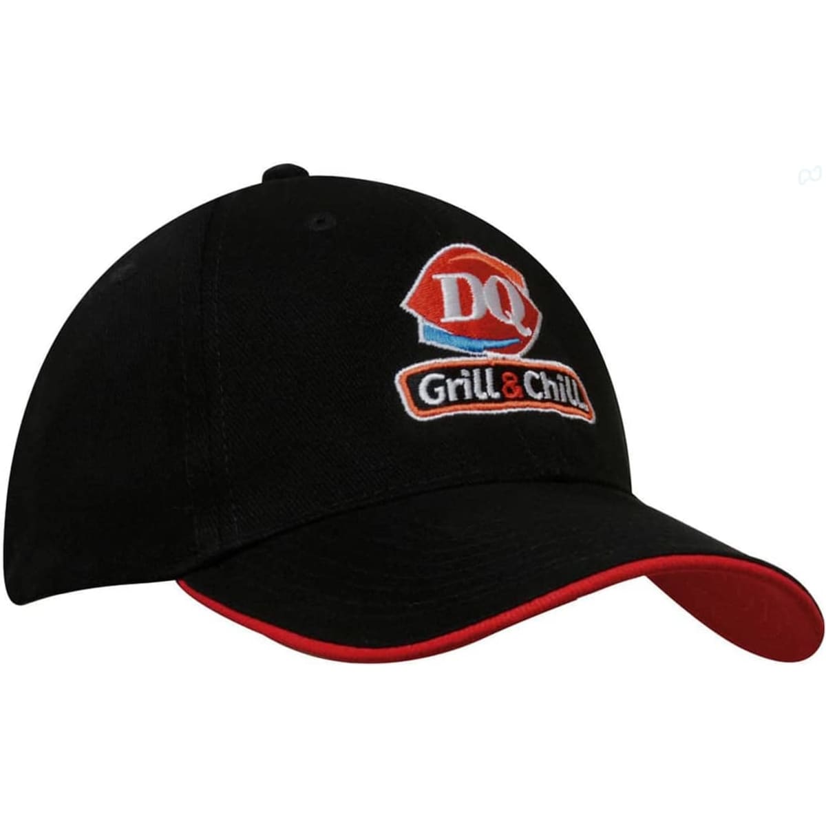 A black cap with a red visor featuring an embroidered logo. The cap has a curved brim and adjustable back.