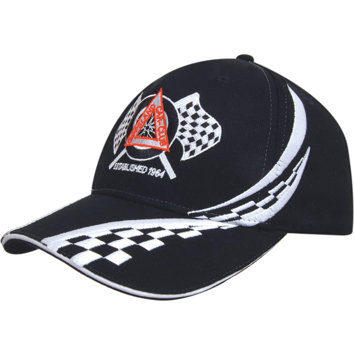 A black cap featuring checkered patterns and an embroidered logo. It has a curved brim and a sleek design.