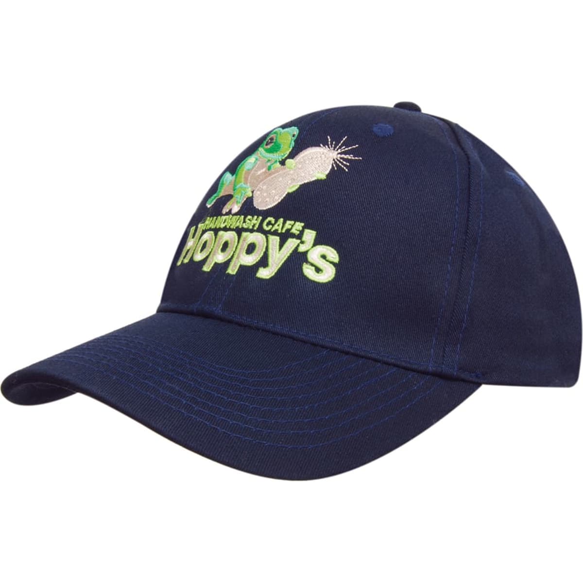 A navy cap featuring a logo depicting a cartoon frog and text. The cap has a curved brim and adjustable strap.
