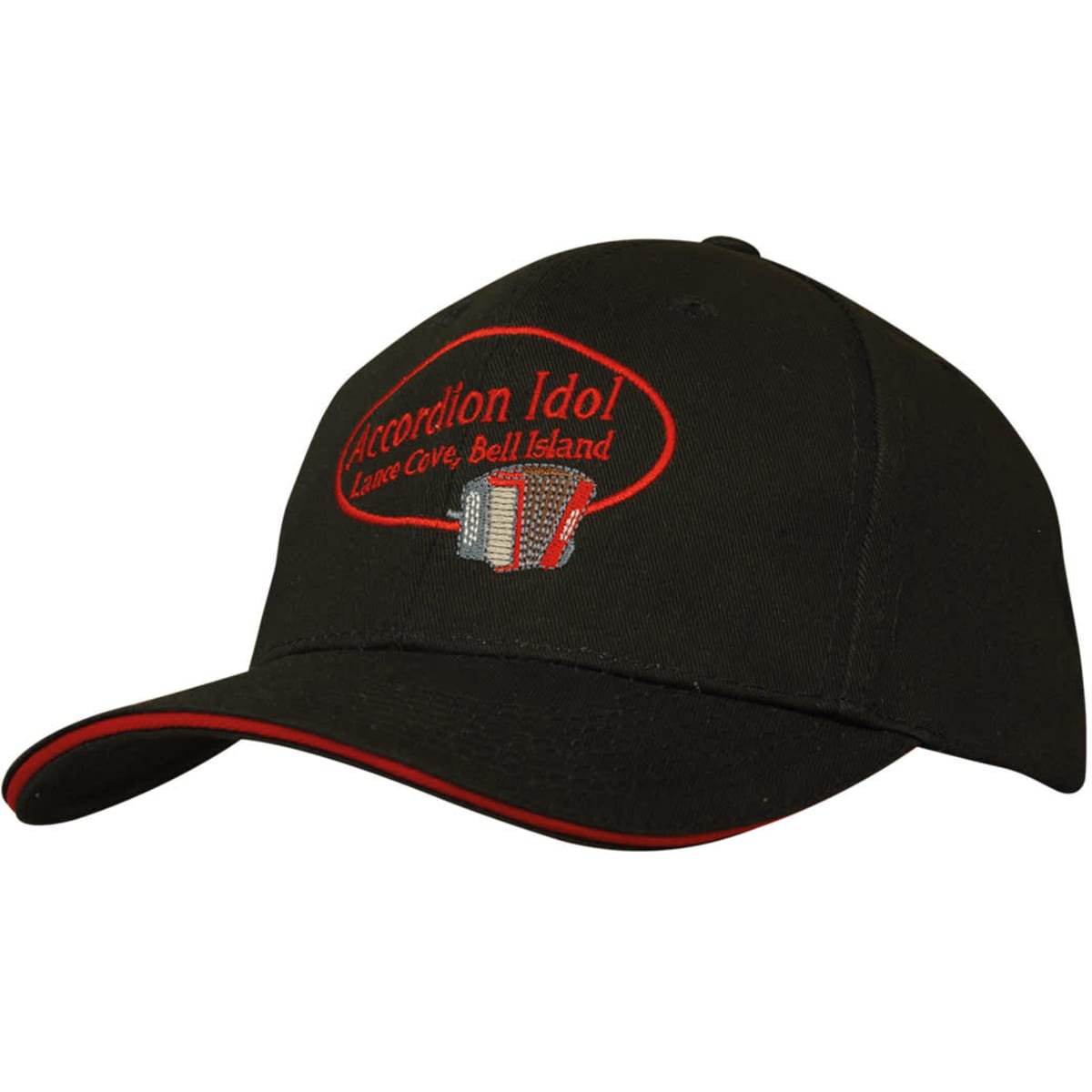 A black cap with red sandwich trim and an embroidered logo featuring the text "Accordion Idol".