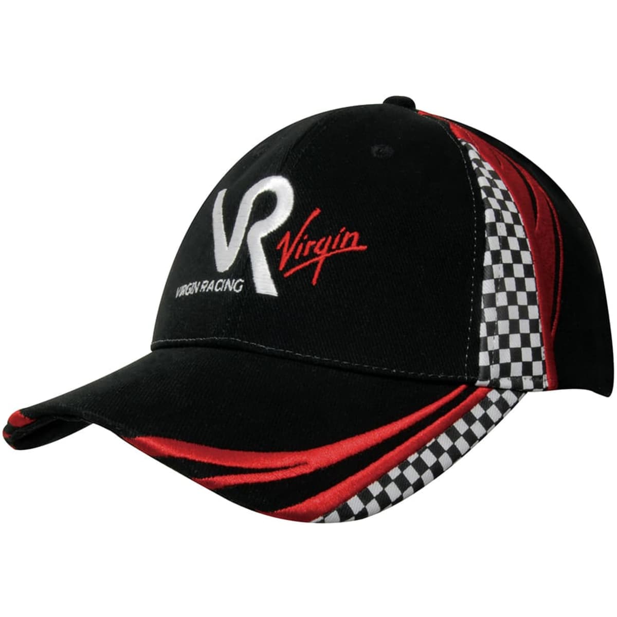 A black cap with red accents, featuring embroidered logos and checkered patterns on the sides.