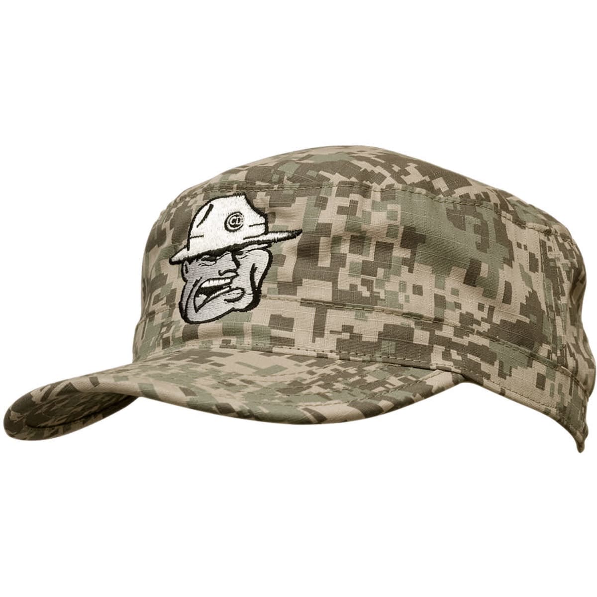 A military cap in digital camouflage pattern, featuring a logo on the front and a curved brim.