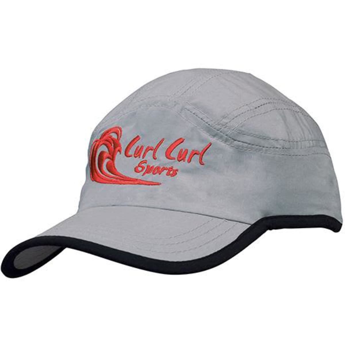 A grey microfibre sports cap with a black trim, featuring an embroidered logo on the front.