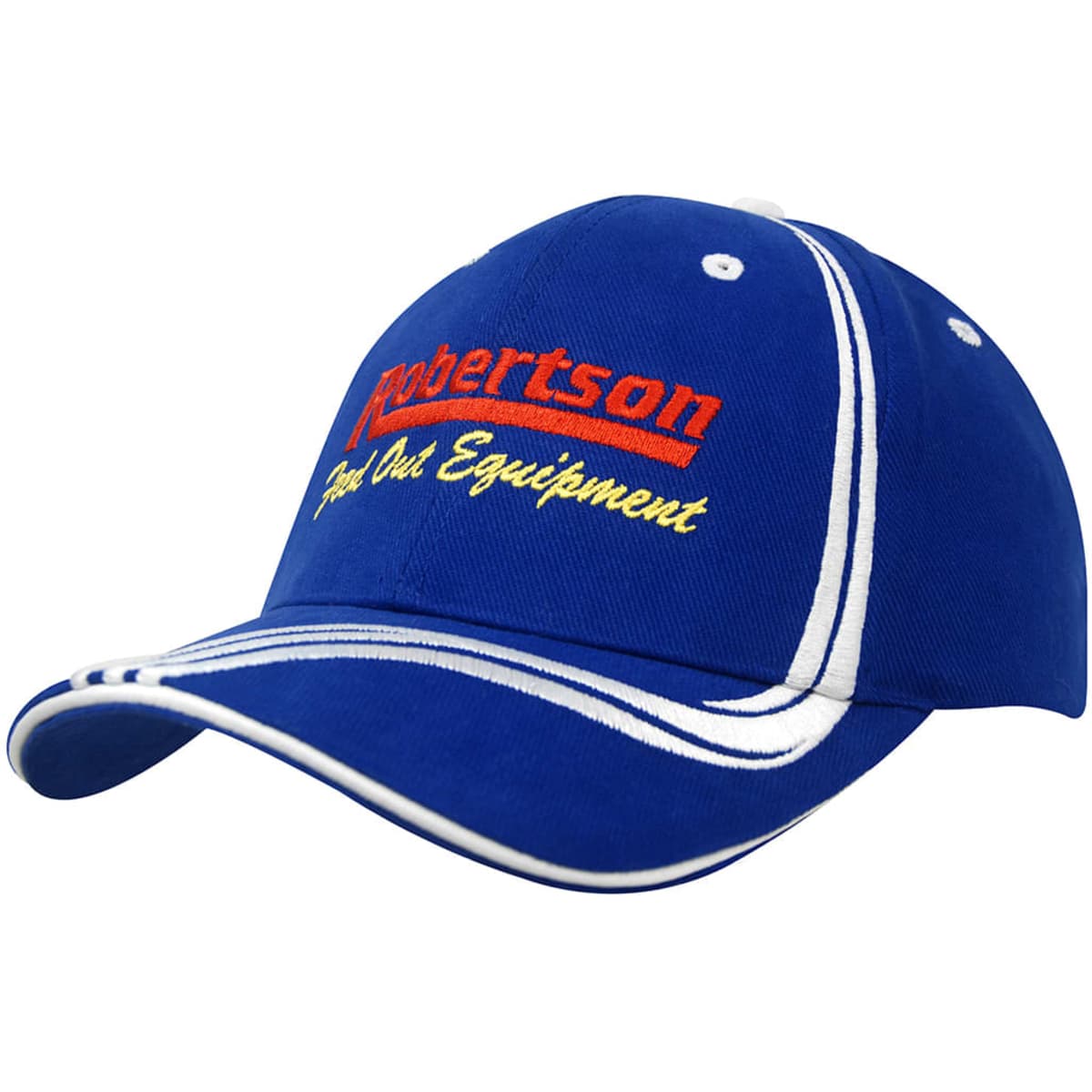 A blue cap with waving white stripes on the crown and peak, featuring a logo on the front.