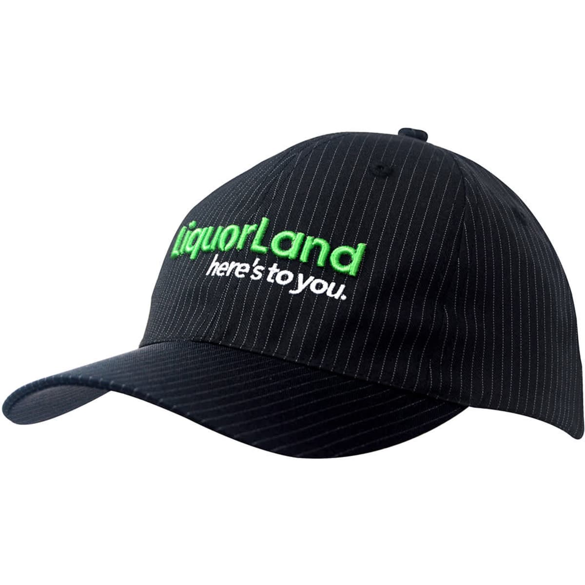 A black cap with a woven pinstripe design and a logo in green and white on the front.