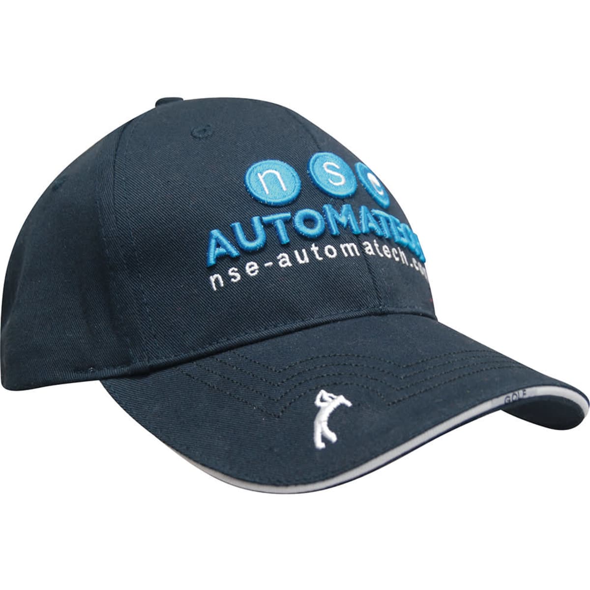 A navy blue cap with peak embroidery and a logo on the front. Features a white stitching detail.