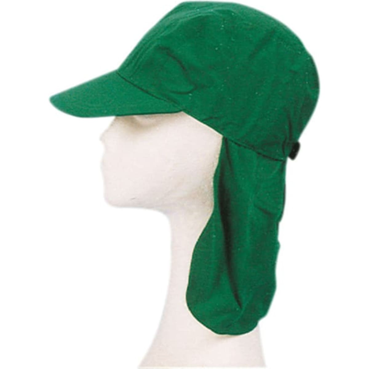 A green cotton twill legionnaire hat with a curved brim and a neck flap displayed on a mannequin head.
