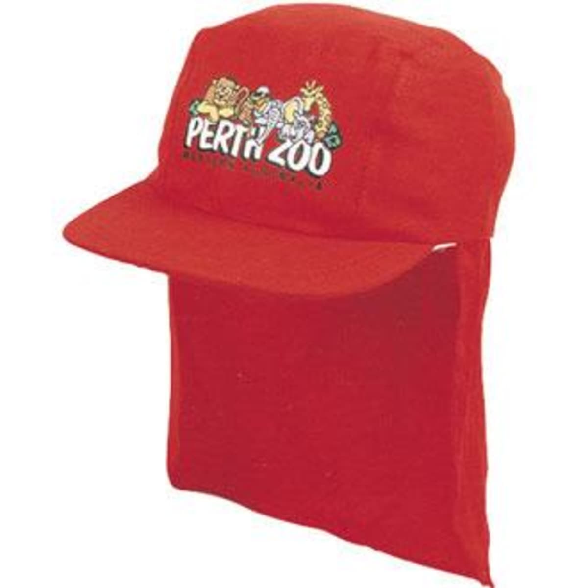 A red child's cotton legionnaire's cap with a logo on the front and a back flap for sun protection.