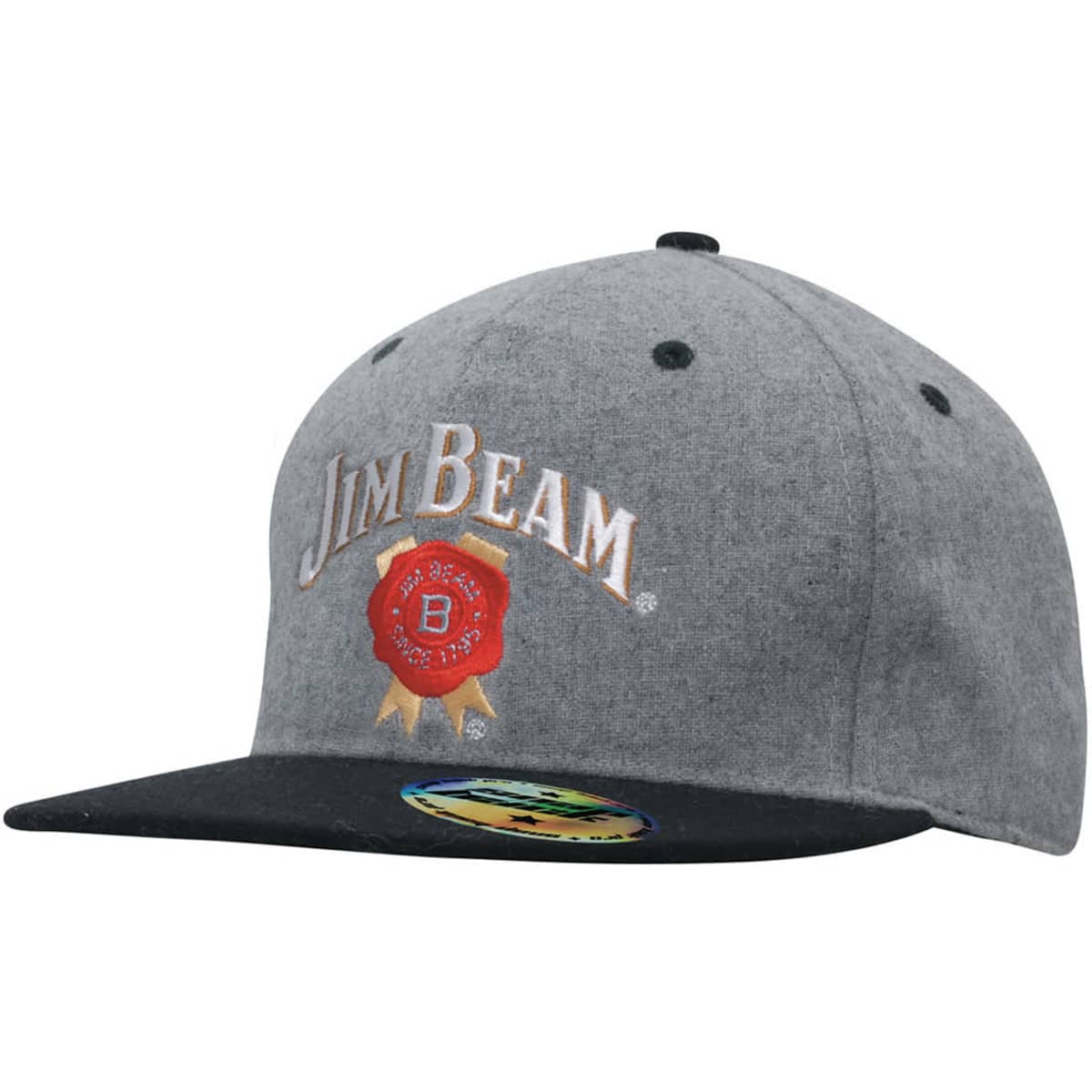 A grey marle flannel cap with a black brim and a logo on the front, featuring a snapback closure.