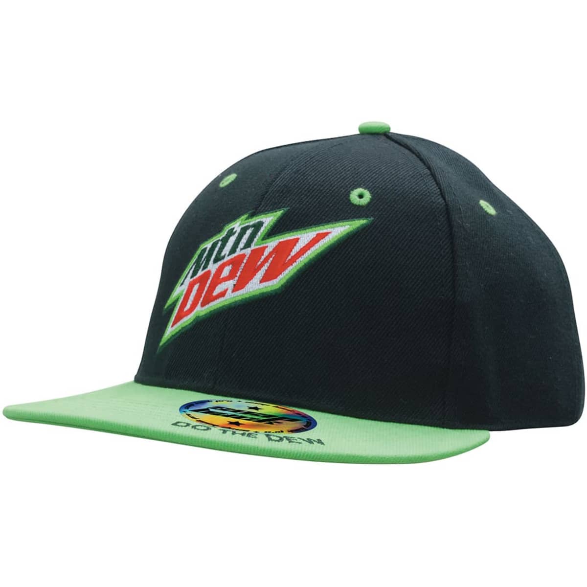 A black and green snapback cap with a logo and a flat brim. It features a logo on the front and has a branding sticker.