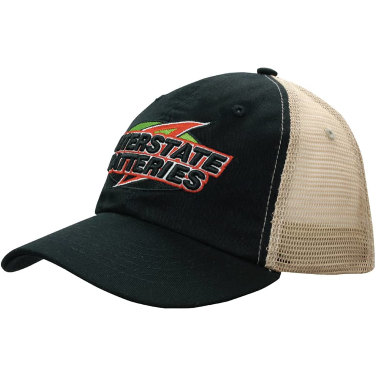 A black cap with a beige mesh panel and a branded logo on the front.