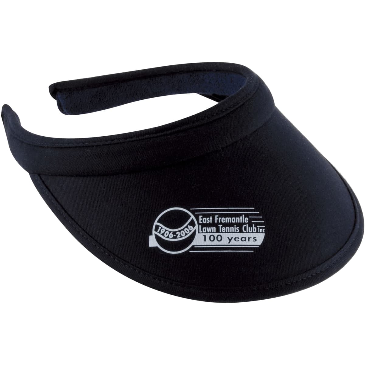 A black cotton clip-on visor featuring a logo, designed for sun protection and casual wear.