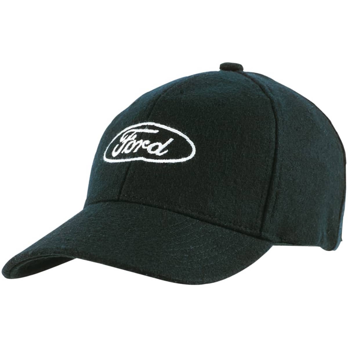 A black cap featuring a white logo on the front. The cap has a curved brim and is made from wool.