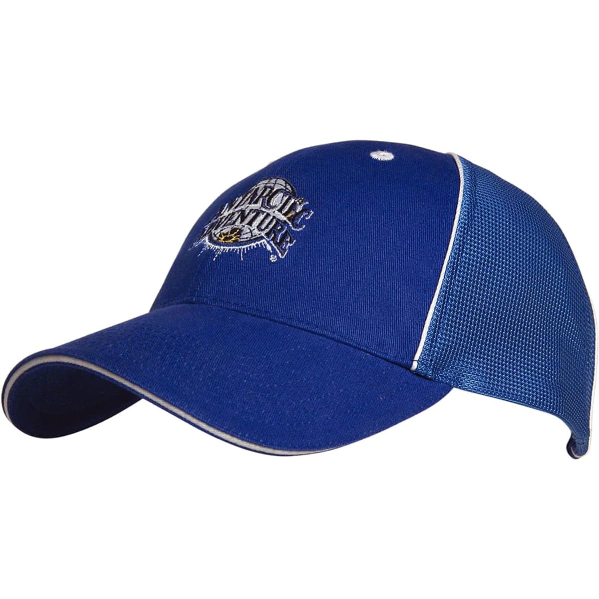 A blue cap featuring mesh panels and a logo on the front. It has a curved brim and contrasting colour accents.