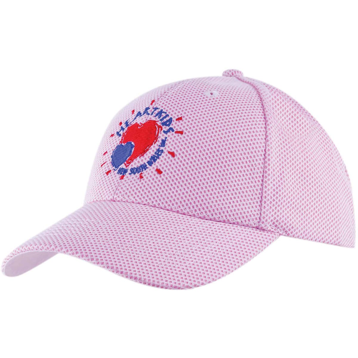 A pink mesh covered cotton twill cap with an embroidered logo on the front.