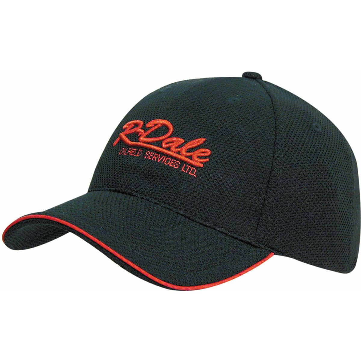 A black cap with a mesh design, featuring red stitching and a logo on the front.
