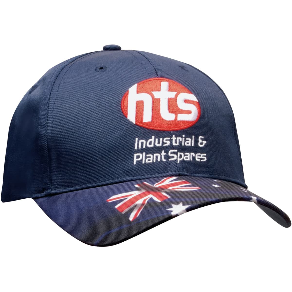A navy blue cap with a curved brim featuring an Australian flag design and a logo on the front.