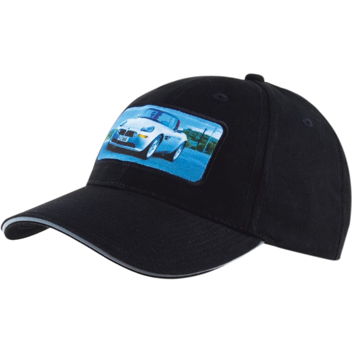 A black cap featuring a stitched patch of a white car. The cap has a curved brim and a logo stitched on it.