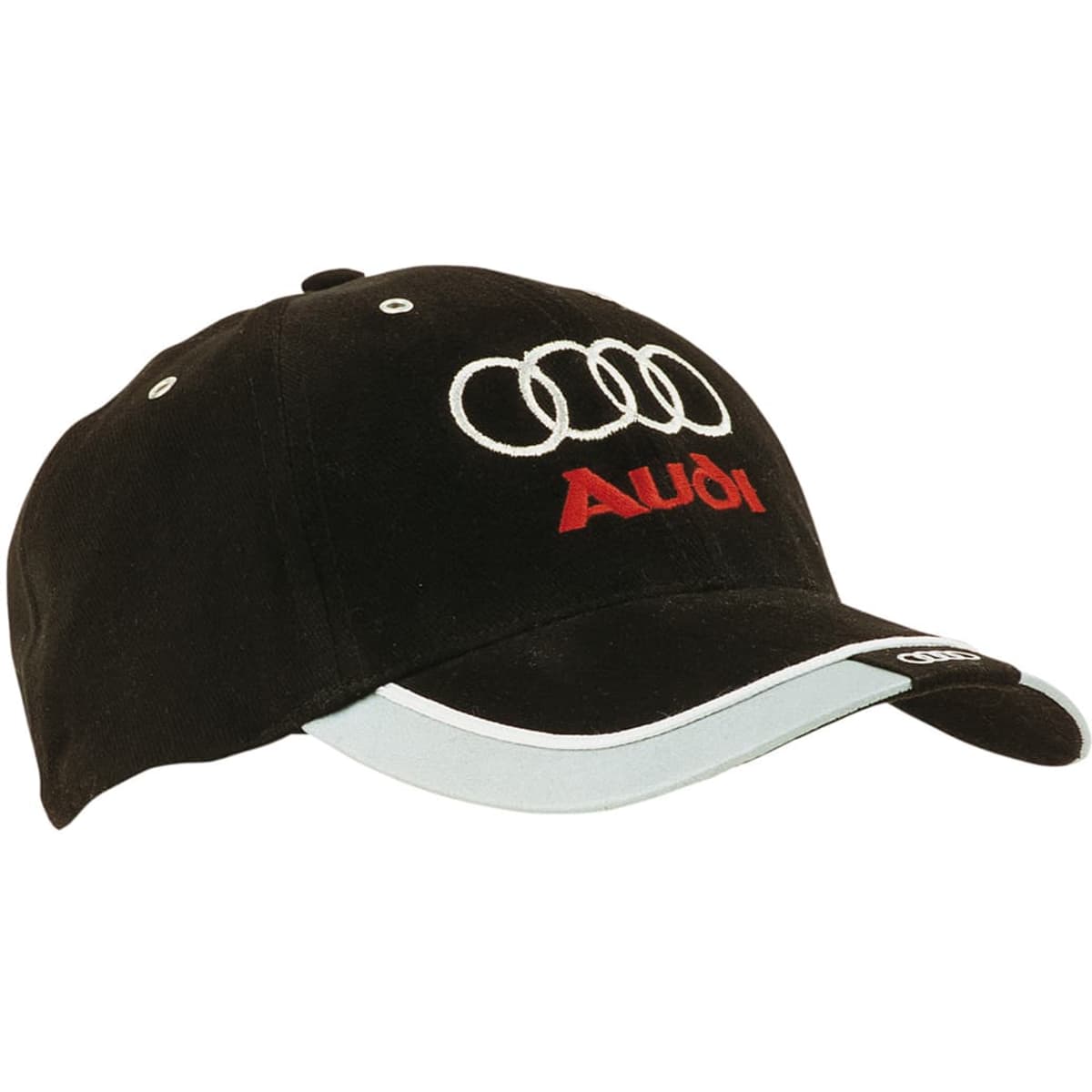 A black cap with a white peak and reflective trim, featuring a logo on the front.