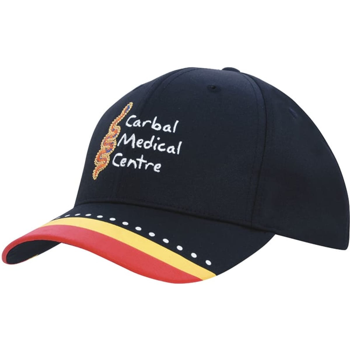 A navy cap with a multi-coloured printed peak featuring a logo.
