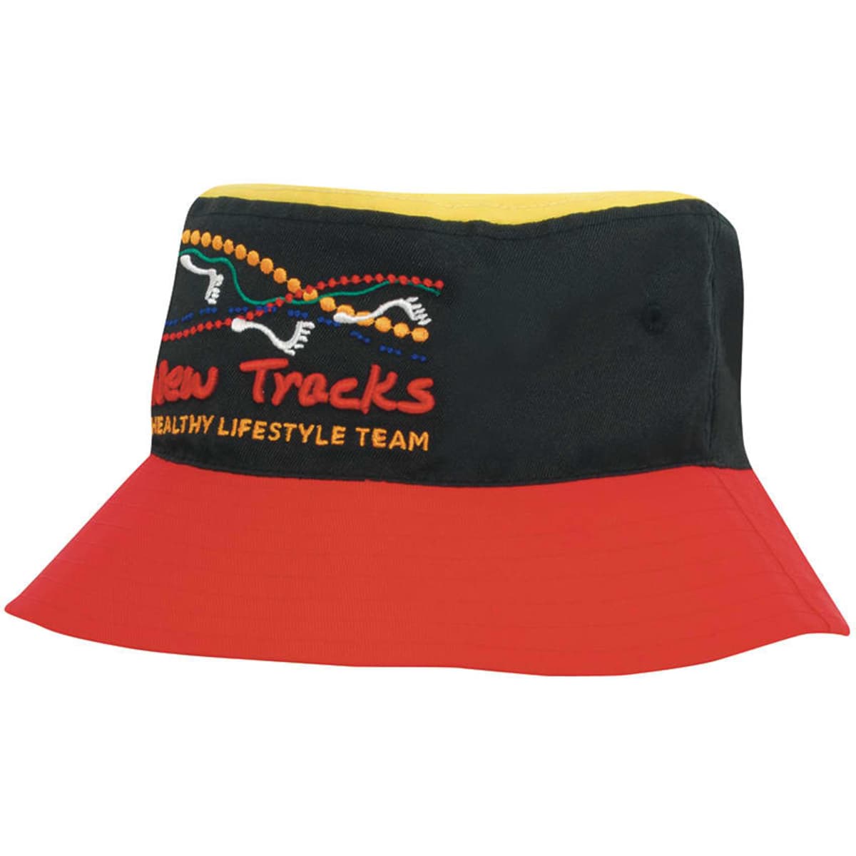 A multicoloured bucket hat features a black, yellow, and red design, with a logo on the front.