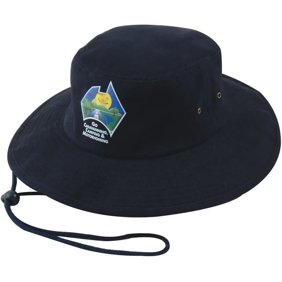A navy blue brushed heavy sports twill hat with a logo and a chin strap for secure fitting.