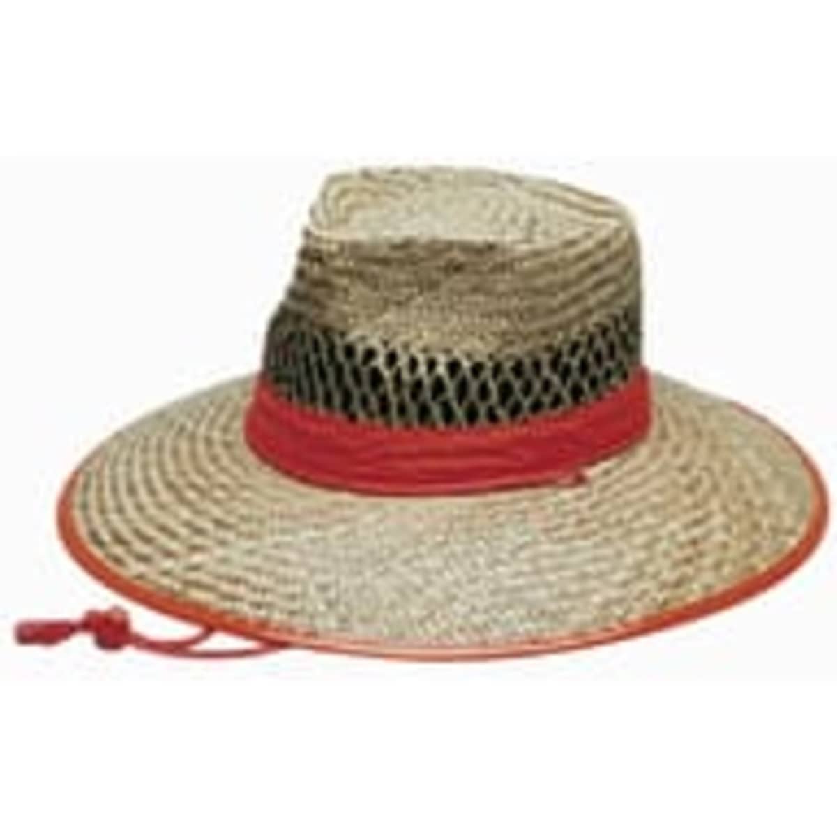 A wide-brimmed straw hat with orange trim and a mesh top, featuring a chin strap for secure fit.
