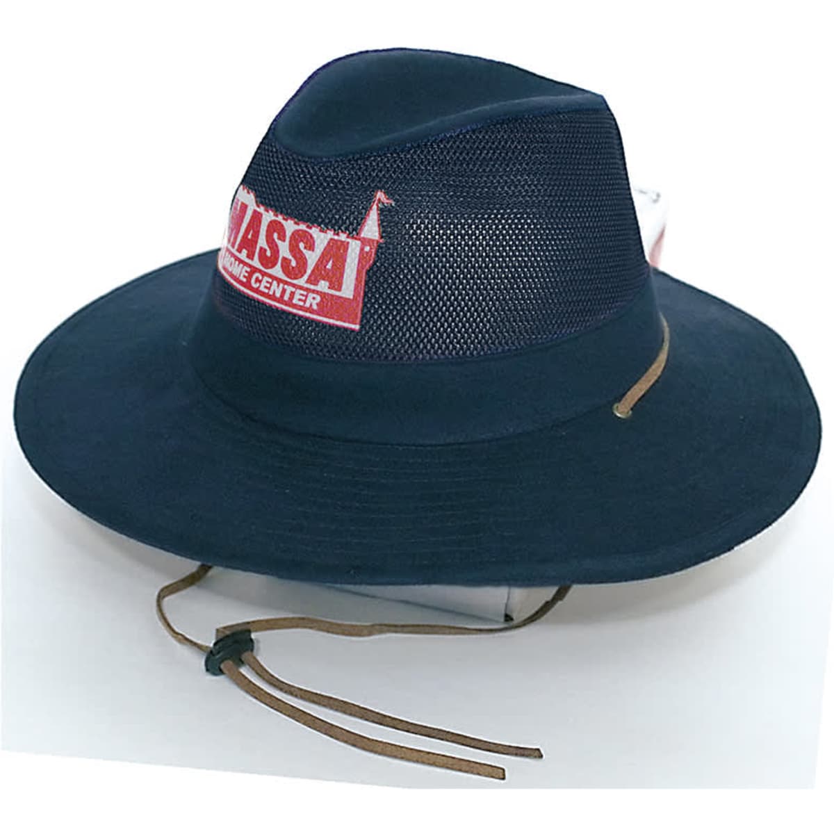 A navy collapsible cotton twill and soft mesh hat with a brown adjustable strap and a logo.