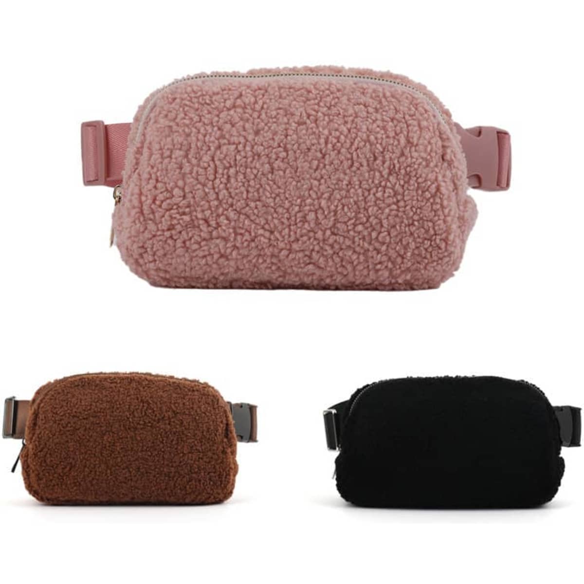 Three unisex fleece belt bags in pink, brown, and black, each featuring a zip closure and adjustable strap.