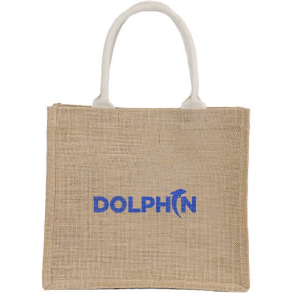 A beige reusable jute burlap tote bag with white handles and a logo featured on the front.