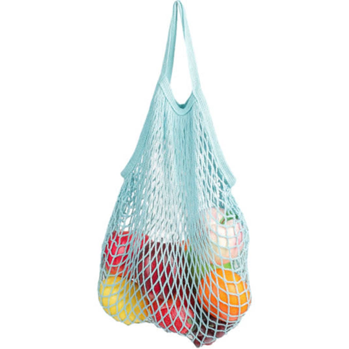 A light blue cotton net string shopping bag filled with various colourful fruits hanging.