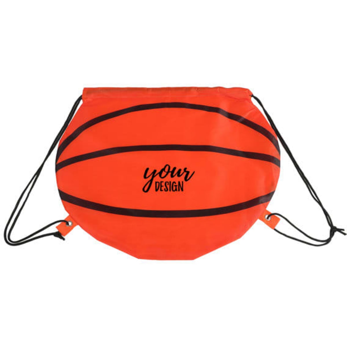 A basketball-shaped drawstring backpack in bright orange, featuring black stripe details and a branding logo.