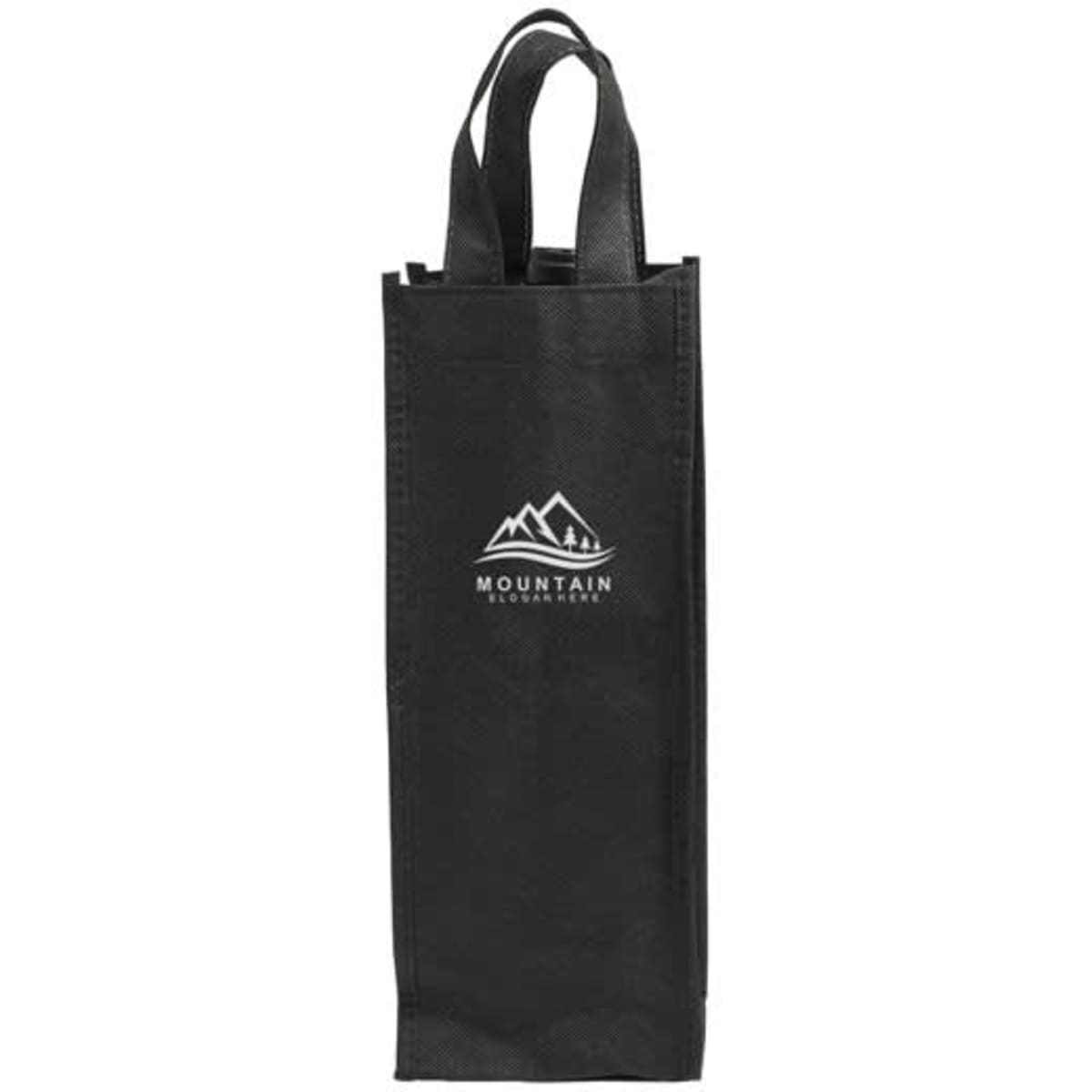 A black non-woven single wine bag with two handles and a logo on the front.