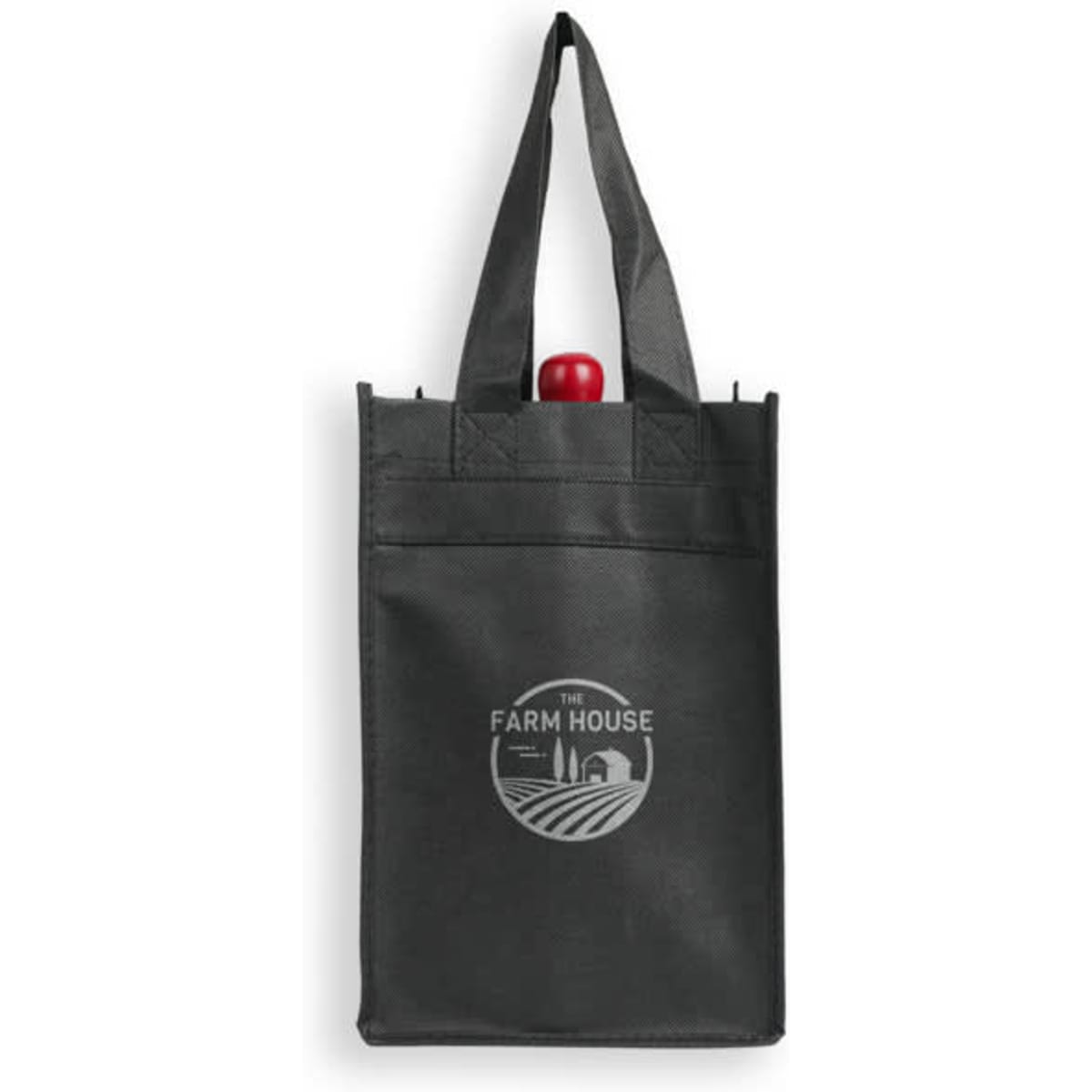 A non-woven black tote bag designed to hold four wine bottles, featuring a logo on the front.