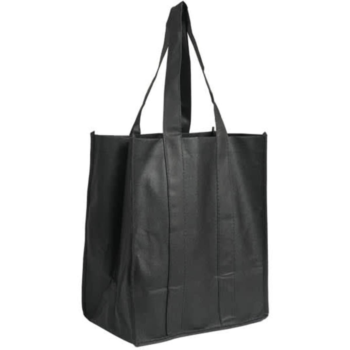 A black tote bag designed to hold six wine bottles, featuring sturdy handles and a simple design.
