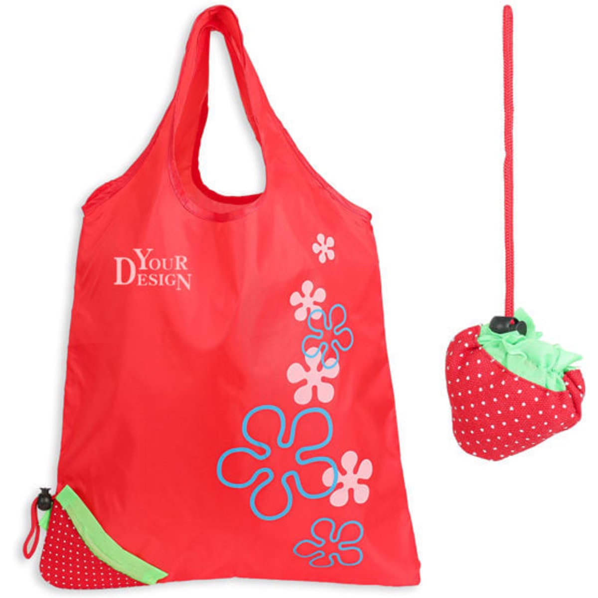 A red foldable shopping bag with a strawberry design, featuring flowers and a small pouch shaped like a strawberry.
