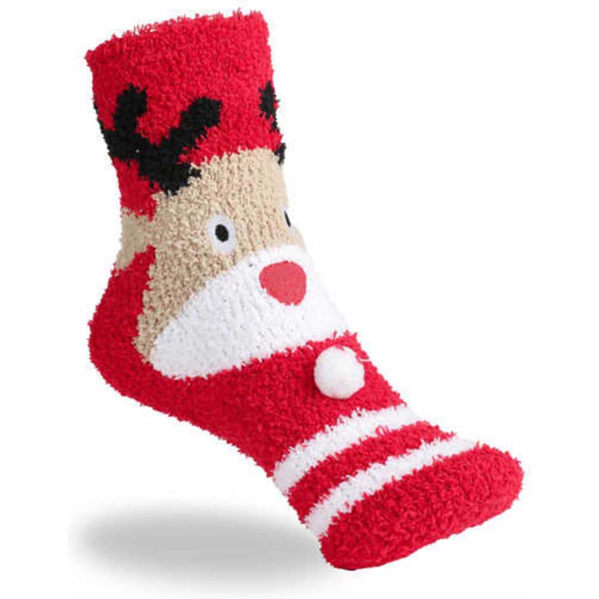 A pair of red fuzzy socks featuring a reindeer design with antlers and a pom-pom nose.