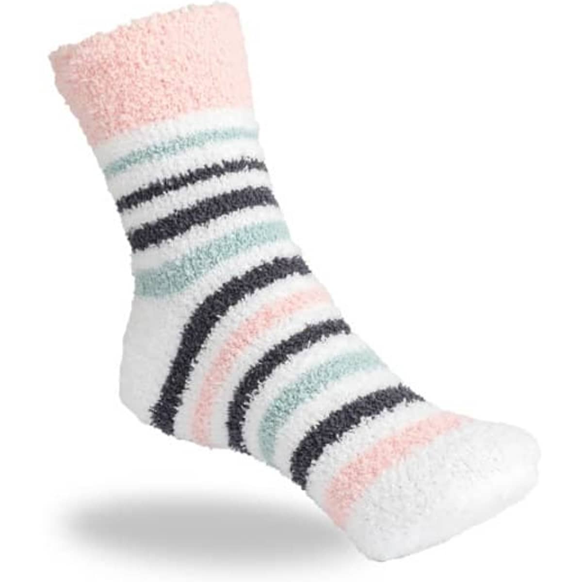 A striped fuzzy sock featuring colours of pink, white, black, and teal, with a soft, fluffy texture.